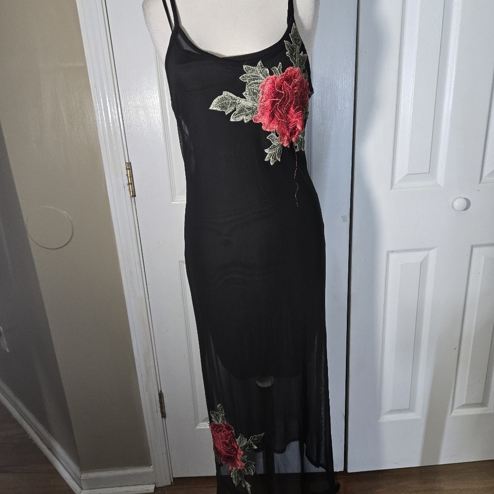 Black and Red Floral Embroidered Sheer Dress S